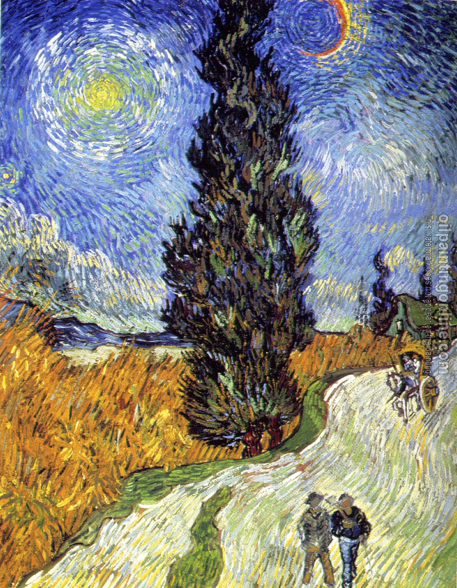 Gogh, Vincent van - Road with Men Walking, Carriage, Cypress, Star, and Crescent Moon